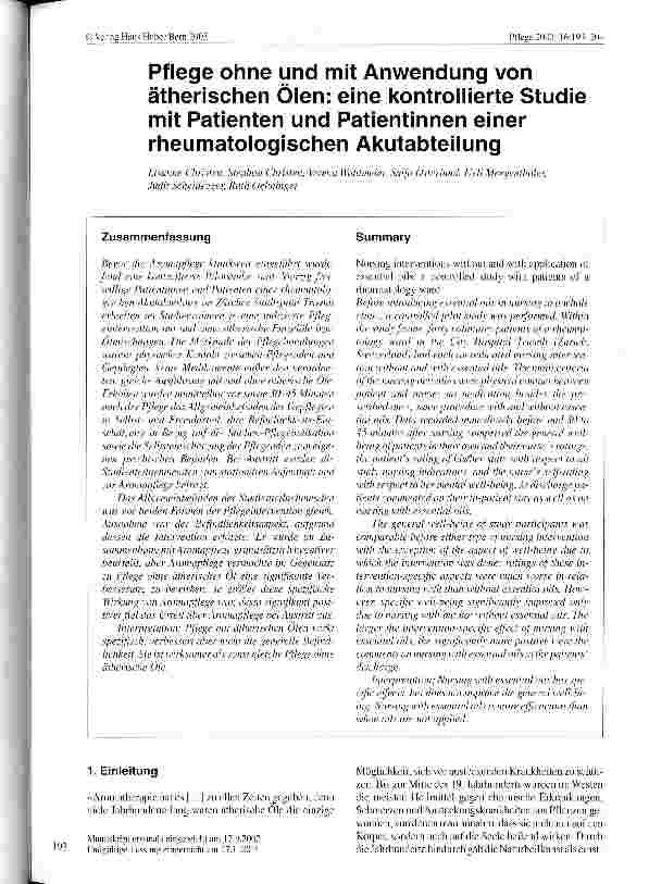 Vorschauseite 1: Pflege ohne und mit Anwendung von ätherischen Ölen: eine kontrollierte Studie mit Patienten und Patientinnen einer rheumatologischen Akutabteilung