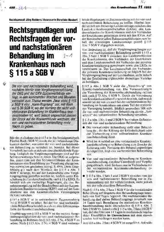 Vorschauseite 1: Rechtsgrundlagen und Rechtsfragen der vorund nachstationären Behand lung im Krankenhaus nach Par. 115 a SGB V