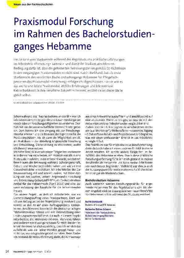 Vorschauseite 1: Praxismodul Forschung im Rahmen des Bachelorstudienganges Hebamme