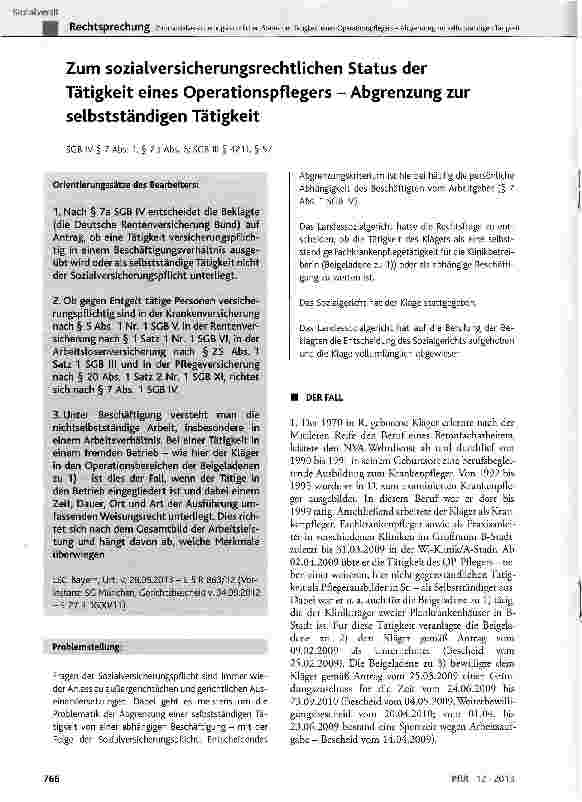 Vorschauseite 1: Zum sozialversicherungsrechtlichen Status der Tätigkeit eines Operationspflegers - Abgrenzung zur selbstständigen Tätigkeit