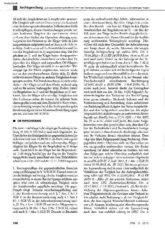 Vorschauseite 3: Zum sozialversicherungsrechtlichen Status der Tätigkeit eines Operationspflegers - Abgrenzung zur selbstständigen Tätigkeit