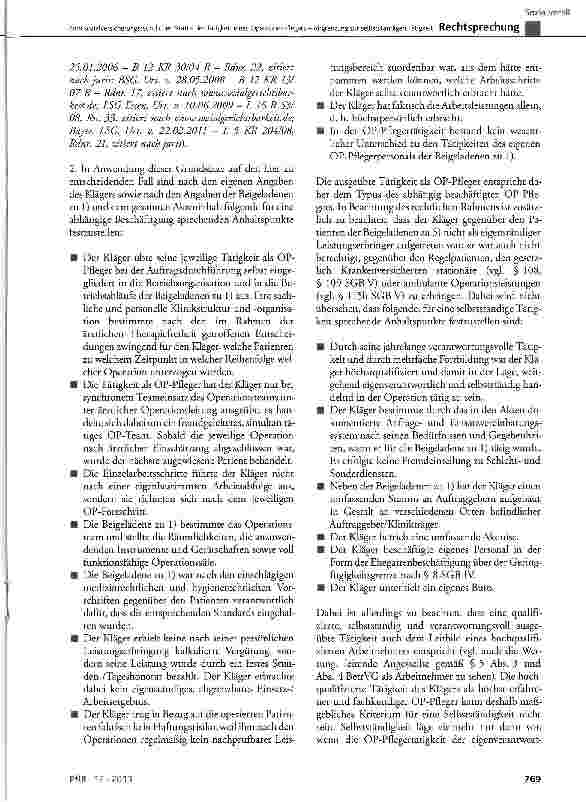 Vorschauseite 4: Zum sozialversicherungsrechtlichen Status der Tätigkeit eines Operationspflegers - Abgrenzung zur selbstständigen Tätigkeit