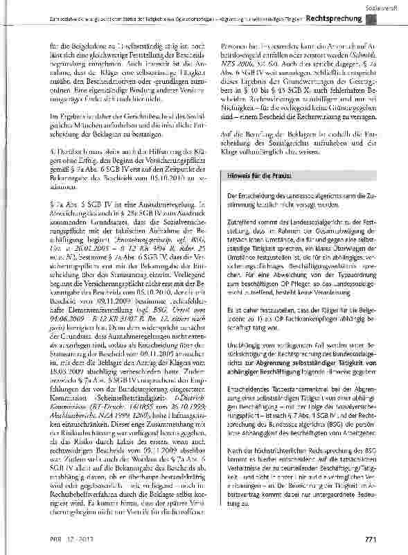 Vorschauseite 6: Zum sozialversicherungsrechtlichen Status der Tätigkeit eines Operationspflegers - Abgrenzung zur selbstständigen Tätigkeit