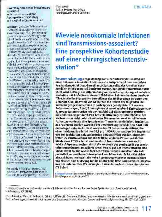 Vorschauseite 1: Wieviele nosokomiale Infektionen sind Transmissions-assoziiert? Eine prospektive Kohortenstudie auf einer chirurgischen Intensivstation