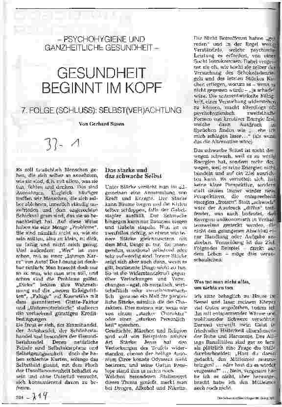 Vorschauseite 1: Gesundheit beginnt im Kopf Psychohygiene und ganzheitliche Gesundheit 7.(Schluß): Selbst(ver)achtung