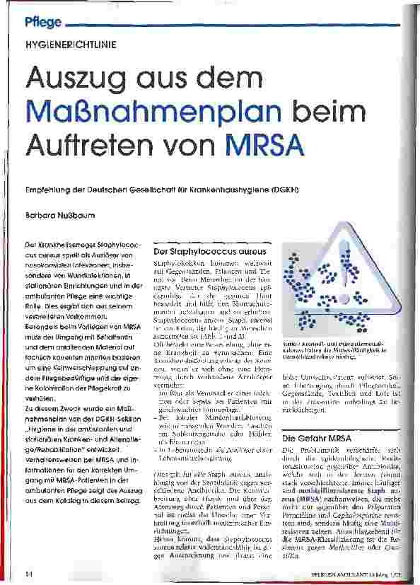 Vorschauseite 1: Auszug aus dem Maßnahmenplan beim Auftreten von MRSA Empfehlung der Deutschen Gesellschaft für Krankenhaushygiene
