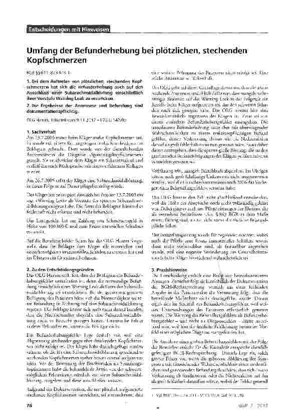 Vorschauseite 1: Umfang der Befunderhebung bei plötzlichen, stechenden Kopfschmerzen BGB §§611,823 Abs. 1