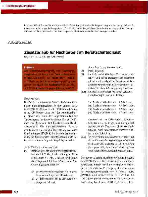 Vorschauseite 1: Zusatzurlaub für Nachtarbeit im Bereitschaftsdienst
