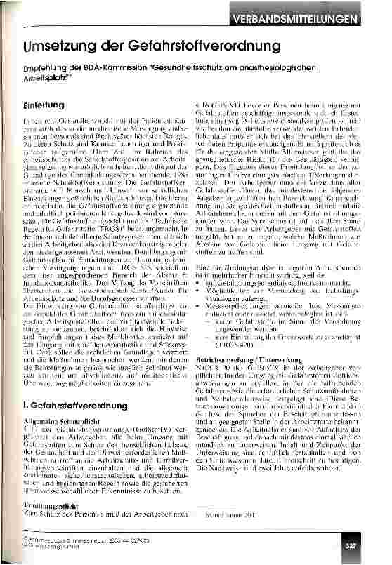 Vorschauseite 1: Umsetzung der Gefahrstoffverordnung Empfehlung der BDA-Kommission Gesundheitsschutz am anästhesiologischen Arbeitsplatz