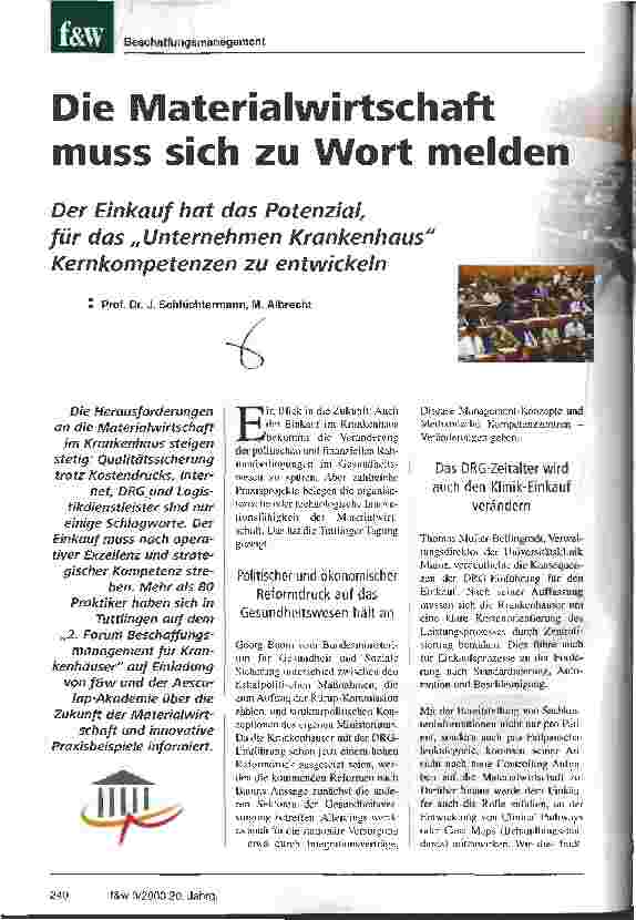 Vorschauseite 1: Die Materialwirtschaft muss sich zu Wort melden Der Einkauf hat das Potenzial, für das Unternehmen Krankenhaus Kernkonmpetenzen zu entwickeln