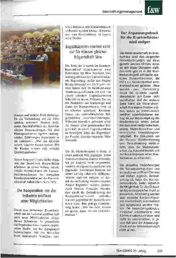 Vorschauseite 2: Die Materialwirtschaft muss sich zu Wort melden Der Einkauf hat das Potenzial, für das Unternehmen Krankenhaus Kernkonmpetenzen zu entwickeln