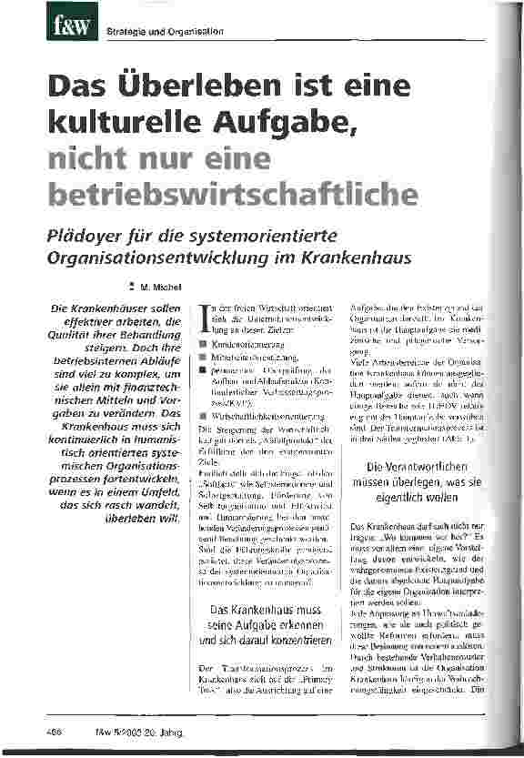 Vorschauseite 1: Das Überleben ist eine kulturelle Aufgabe, nicht nur eine betriebswirtschaftliche Plädoyer für die systemorientierte Organisationsentwicklung im Krankenhaus
