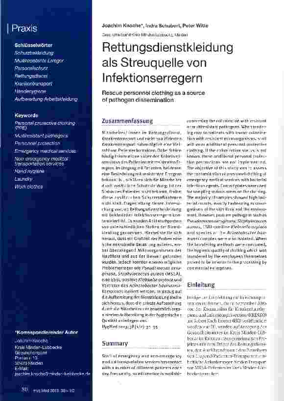 Vorschauseite 1: Rettungsdienstkleidung als Streuquelle von Infektionserregern