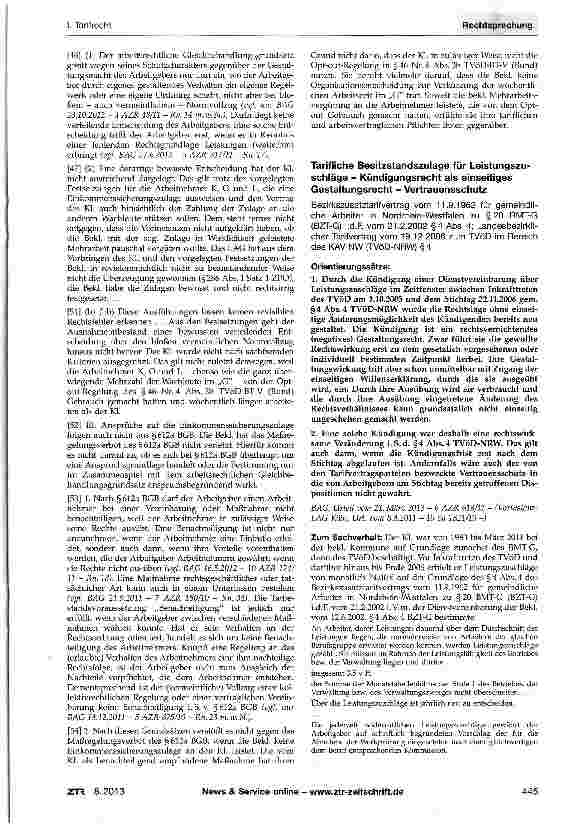 Vorschauseite 1: Tarifliche Besitzstandszulage für Leistungszuschläge - Kündigungsrecht als einseitiges Gestaltungsrecht - Vertrauensschutz