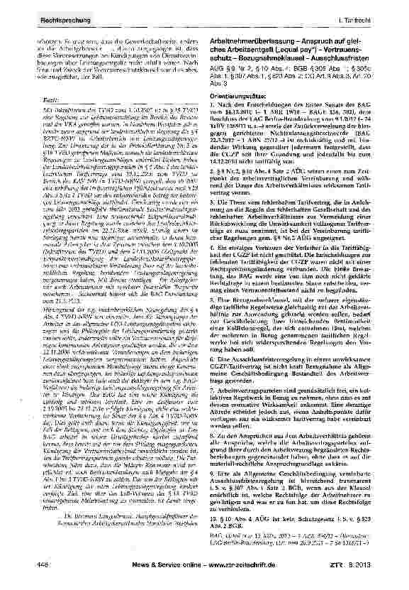 Vorschauseite 4: Tarifliche Besitzstandszulage für Leistungszuschläge - Kündigungsrecht als einseitiges Gestaltungsrecht - Vertrauensschutz