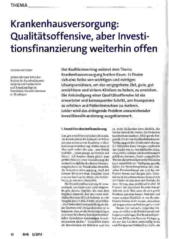 Vorschauseite 1: Krankenhausversorgung: Qualitätsoffensive, aber Investitionsfinanzierung weiterhin offen