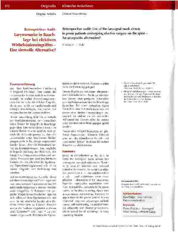 Vorschauseite 1: Larynxmaske in Bauchlage bei elektiven Wirbelsäuleneingriffen -Eine sinnvolle Alternative?