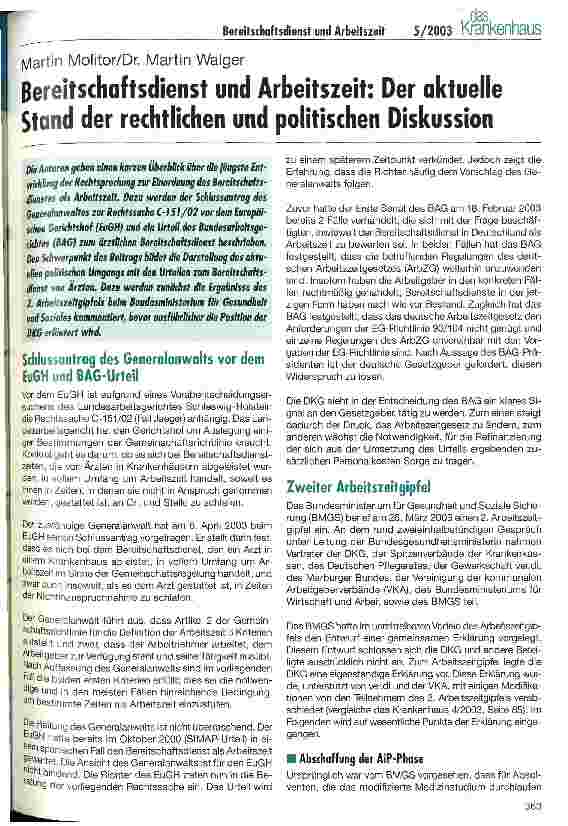 Vorschauseite 1: Bereitschaftsdienst und Arbeitszeit Der aktuelle Stand der rechtlichen und politischen Diskussion