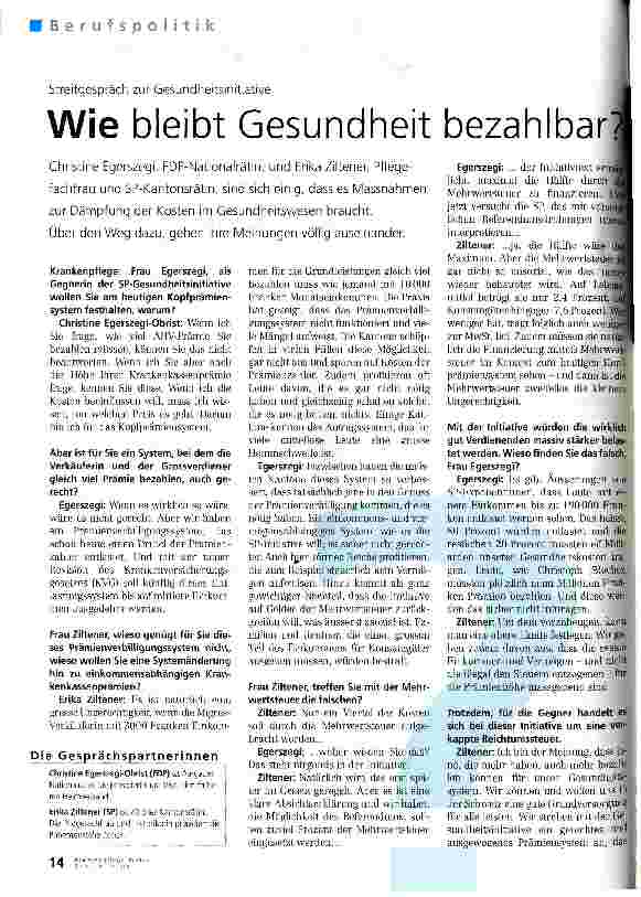 Vorschauseite 1: Wie bleibt Gesundheit bezahlbar? Streitgespräch zur Gesundheitsinitiative