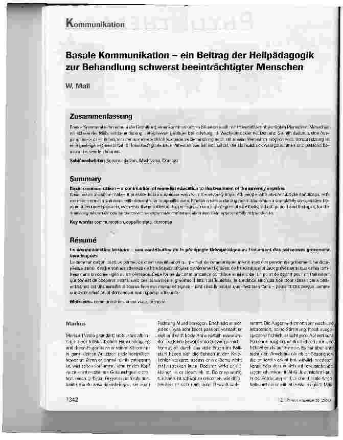 Vorschauseite 1: Basale Kommunikation - ein Beitrag der Heilpädagogik zur Behandlung schwerst beeinträchtigter Menschen