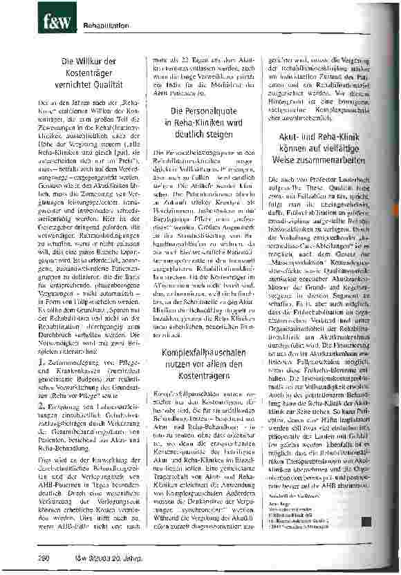 Vorschauseite 4: DRG - Was ändert sich für die Rehabilitation? Die Reha-Klinik der Zukunft wird patientenspezifische Preise berechnen und in der Pflege aufrüsten