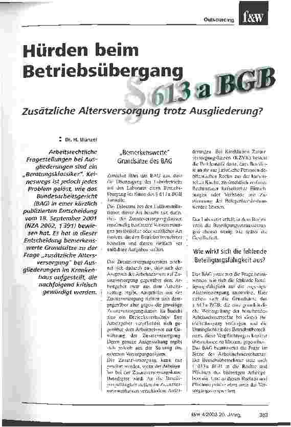 Vorschauseite 1: Hürden beim Betriebsübergang Zusätzliche Altersversorgung trotz Ausgliederung?