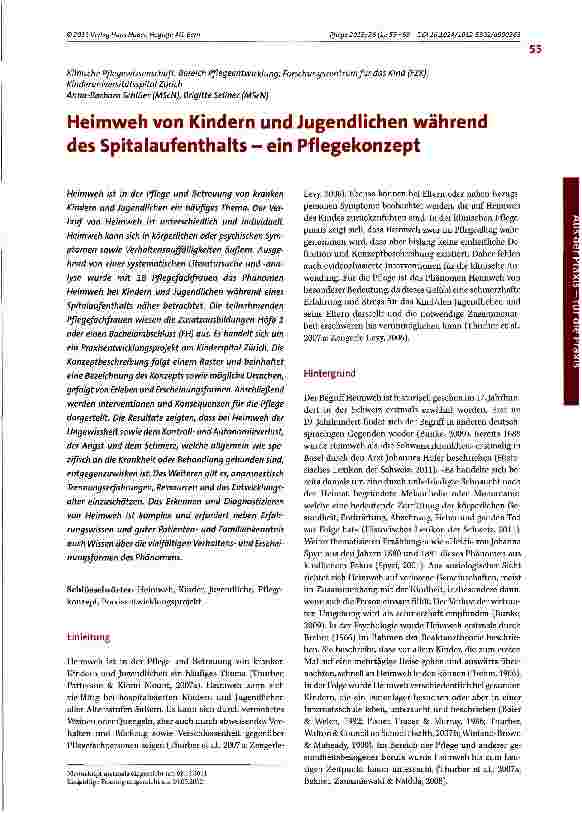 Vorschauseite 1: Heimweh von Kindern und Jugendlichen während des Spitalaufenthalts - ein Pflegekonzept