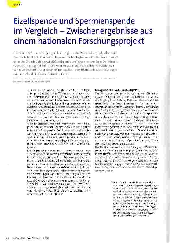 Vorschauseite 1: Eizellspende und Spermienspende im Vergleich - Zwischenergebnisse aus einem nationalen Forschungsprojekt