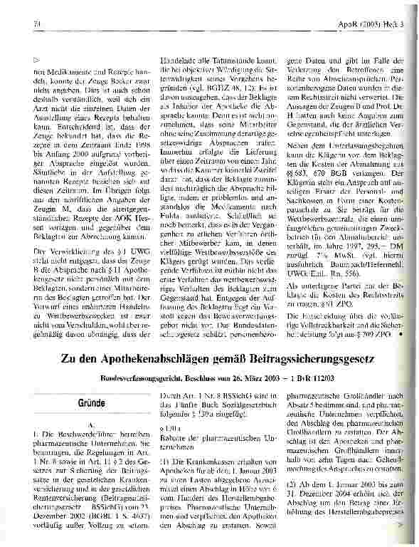 Vorschauseite 1: Zu den Apothekenabschlägen gemäß Beitragssicherungsgesetz Bundesverfassungsgericht, Beschluss vom 26. März 2003