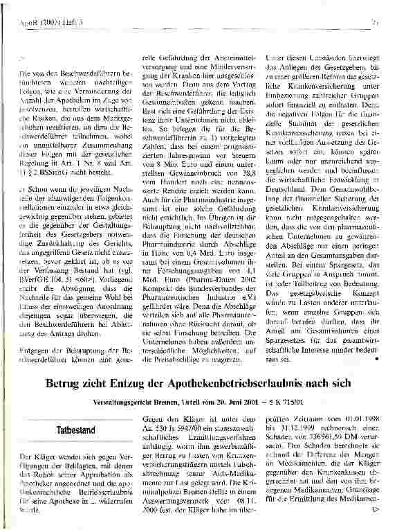 Vorschauseite 4: Zu den Apothekenabschlägen gemäß Beitragssicherungsgesetz Bundesverfassungsgericht, Beschluss vom 26. März 2003