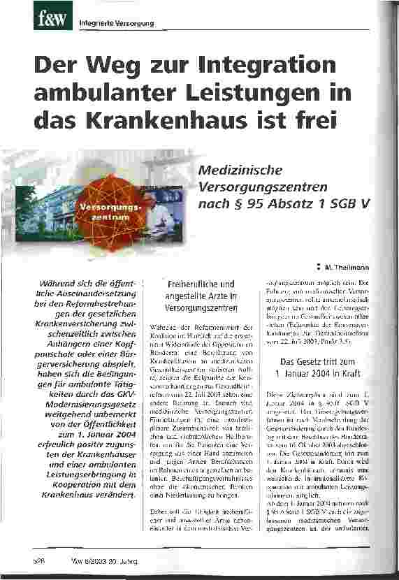 Vorschauseite 1: Der Weg zur Integration ambulanter Leistungen in das Krankenhaus ist frei Medizinische Versorgungszentren nach § 95 Absatz 1 SGB V