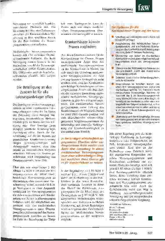 Vorschauseite 2: Der Weg zur Integration ambulanter Leistungen in das Krankenhaus ist frei Medizinische Versorgungszentren nach § 95 Absatz 1 SGB V