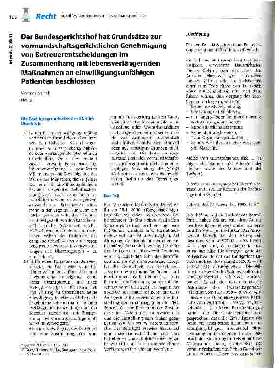 Vorschauseite 1: Der Bundesgerichtshof hat Grundsätze zur vormundschaftsgerichtlichen Genehmigung von Betreuerentscheidungen im Zusammenhang mit lebensverlängernden Maßnahmen an einwilligungsunfäh…