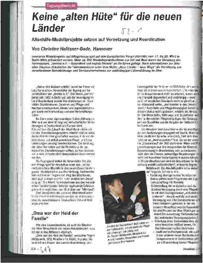 Vorschauseite 1: Keine alten Hüte für die neuen Länder Altenhilfe-Modellprojekte setzen auf Vernetzung und Koordination