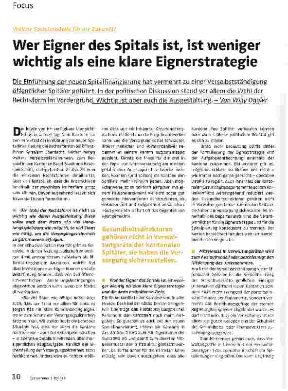 Vorschauseite 1: Wer Eigner des Spitals ist, ist weniger wichtig als eine klare Eignerstrategie