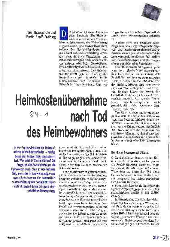Vorschauseite 1: Heimkostenübernahme nach Tod des Heimbewohners Schnelle Heimaufnahme - wer zahlt in Zweifelsfällen?
