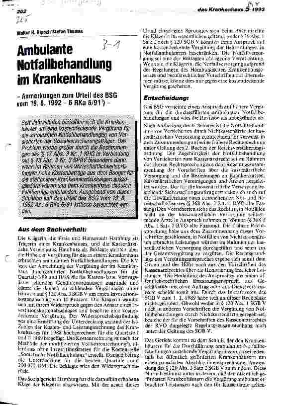 Vorschauseite 1: Ambulante Notfallbehandlung im Krankenhaus Anmerkungen zum Urteil des BSG vom 19.08.92 - 6 RKa 6/91