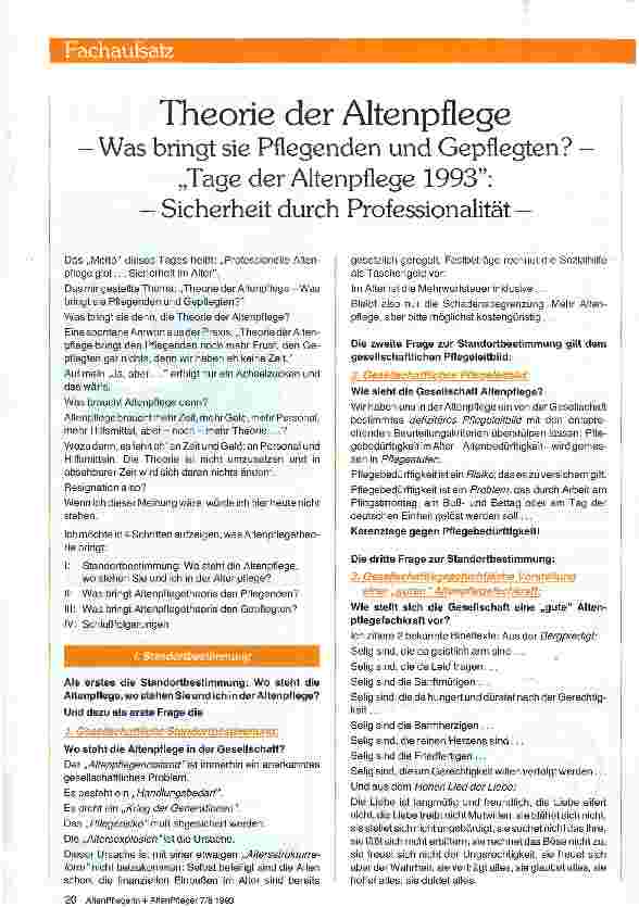 Vorschauseite 1: Theorie der Altenpflege - Was bringt sie Pflegern und Gepflegten? Tage der Altenpflege 1993: Sicherheit durch Professionalität