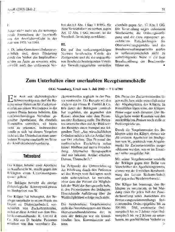 Vorschauseite 1: Zum Unterhalten einer unerlaubten Rezeptsammelstelle OLG Naumburg, Urteil vom 3. Juli 2002