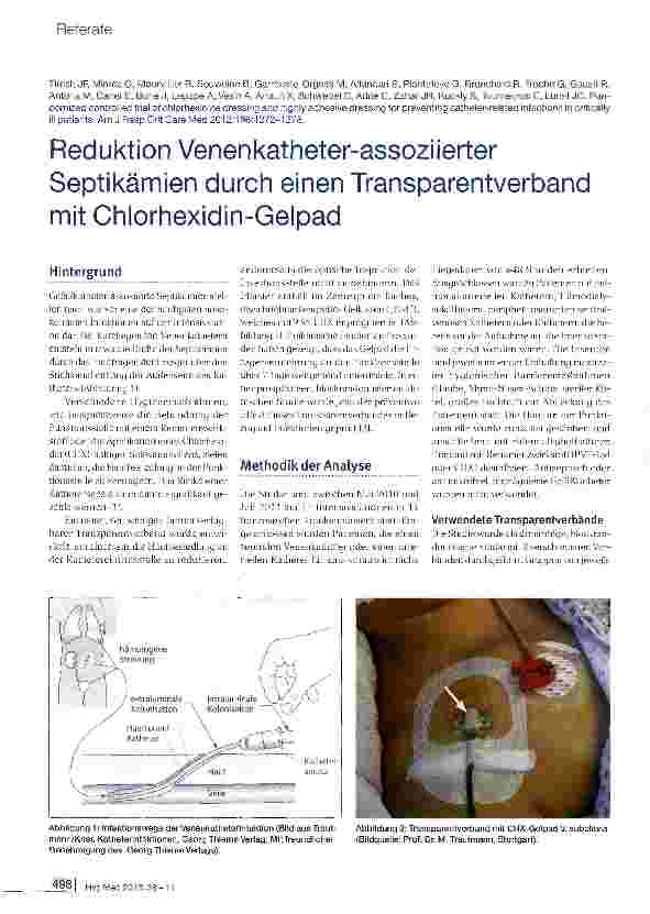 Vorschauseite 1: Reduktion Venenkatheter-assoziierter Septikämien durch einen Transparentverband mit Chlorhexidin-Gelpad