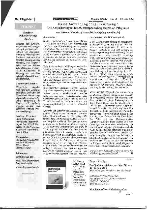 Vorschauseite 2: Keine Anwendung ohne Einweisung! Die Anforderungen des Medizinproduktegesetzes an Pflegende