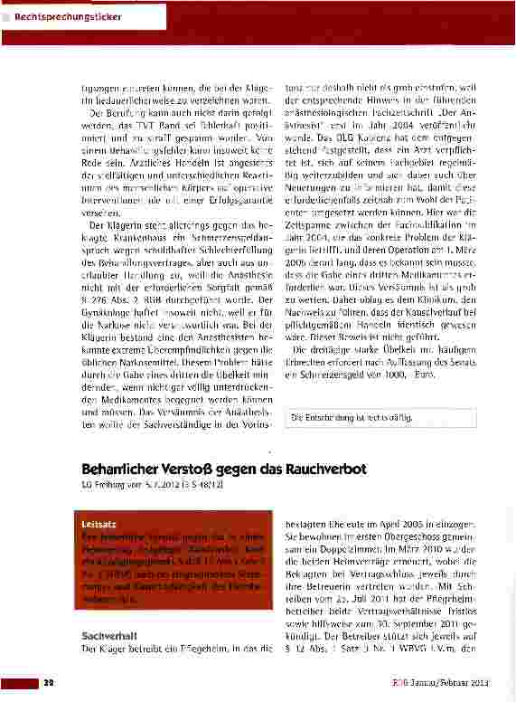 Vorschauseite 1: Beharrlicher Verstoß gegen das Rauchverbot LG Freiburg vom 5.7.2012 (3 S 48/12)