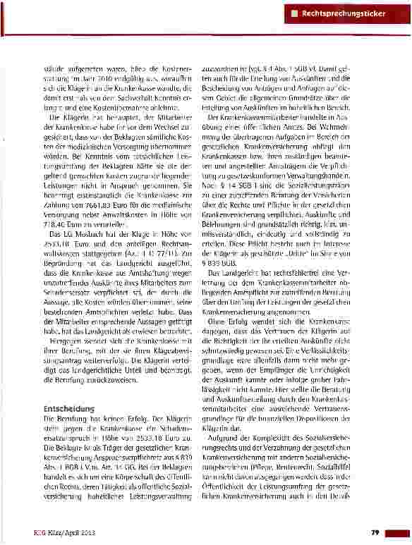 Vorschauseite 2: Haftung einer sesetzlichen Krankenkasse für unrichtige Leistungszusagen OLG Karlsruhe vom 18.12.2012 (12 U 105/12)