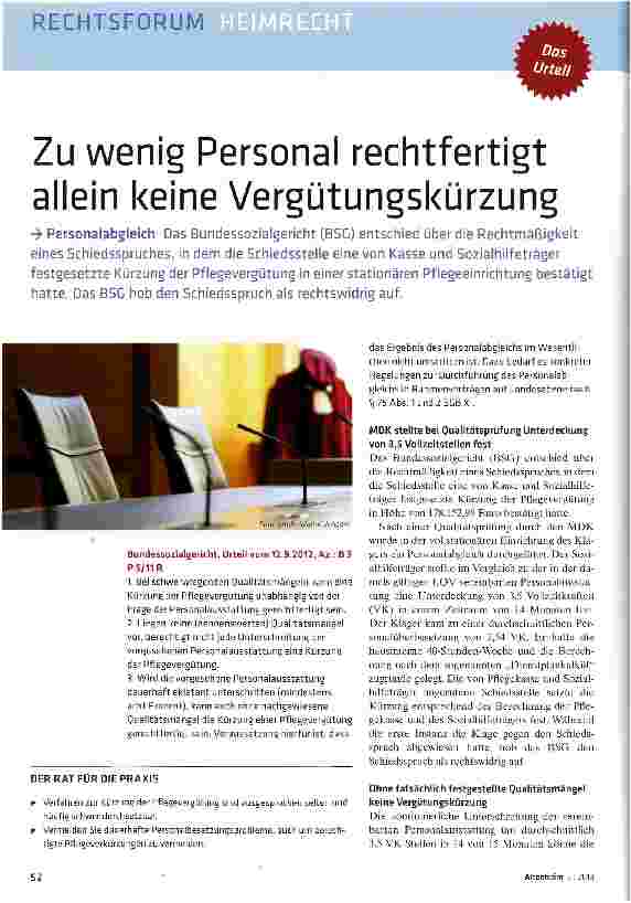 Vorschauseite 1: Zu wenig Personal rechtfertigt allein keine Vergütungskürzung