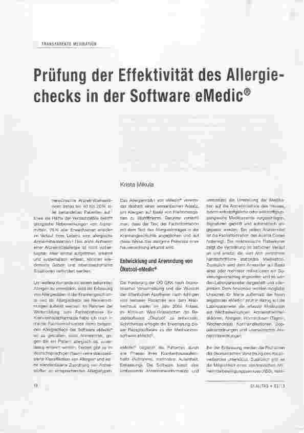 Vorschauseite 1: Prüfung der Effektivität des Allergie Checks in der Software eMedic®