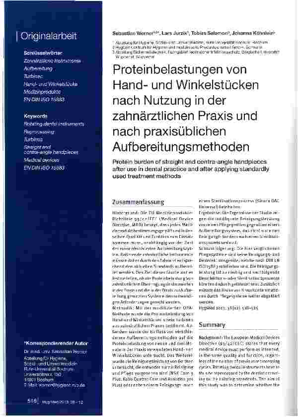 Vorschauseite 1: Proteinbelastung von Hand und Winkelstücken nach Nutzung in der zahnärztlichen Praxis und nach praxisüblichen Aufbereitungsmethoden