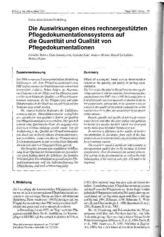 Vorschauseite 1: Die Auswirkungen eines rechnergestützten Pflegedokumentationssystems auf die Quantität und Qualität von Pflegedokumentationen