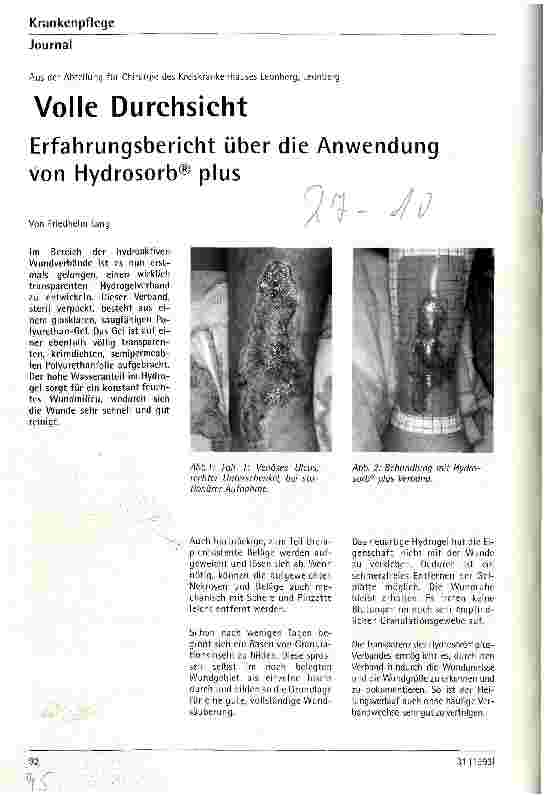 Vorschauseite 1: Volle Durchsicht (Abt.Chirurgie,Kreiskrankenhaus Leonberg) Erfahrungsbericht über die Anwendung von Hydrosorb plus