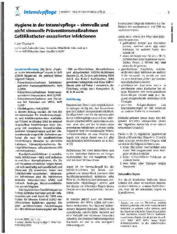 Vorschauseite 1: Hygiene in der Intensivpflege - sinnvolle und nicht sinnvolle Präventionsmaßnahmen Gefäßkatheter-assoziierter Infektionen