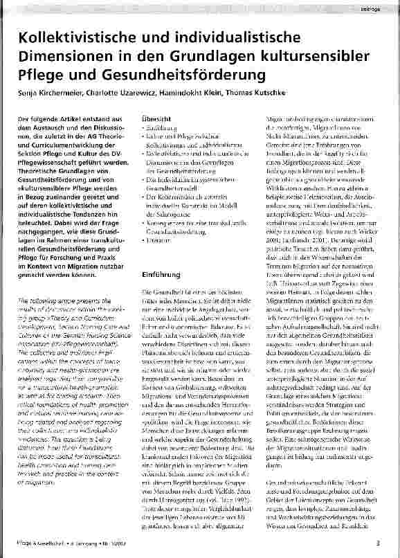 Vorschauseite 1: Kollektivistische und individualistische Dimensionen in den Grundlagen kultursensibler Pflege und Gesundheitsförderung